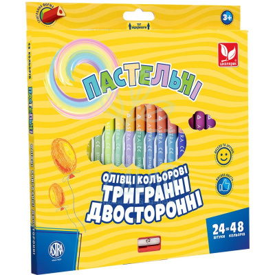 Набір олівців кольорових, двосторонні, пастельні кольори + точилка, 24 шт, Школярик